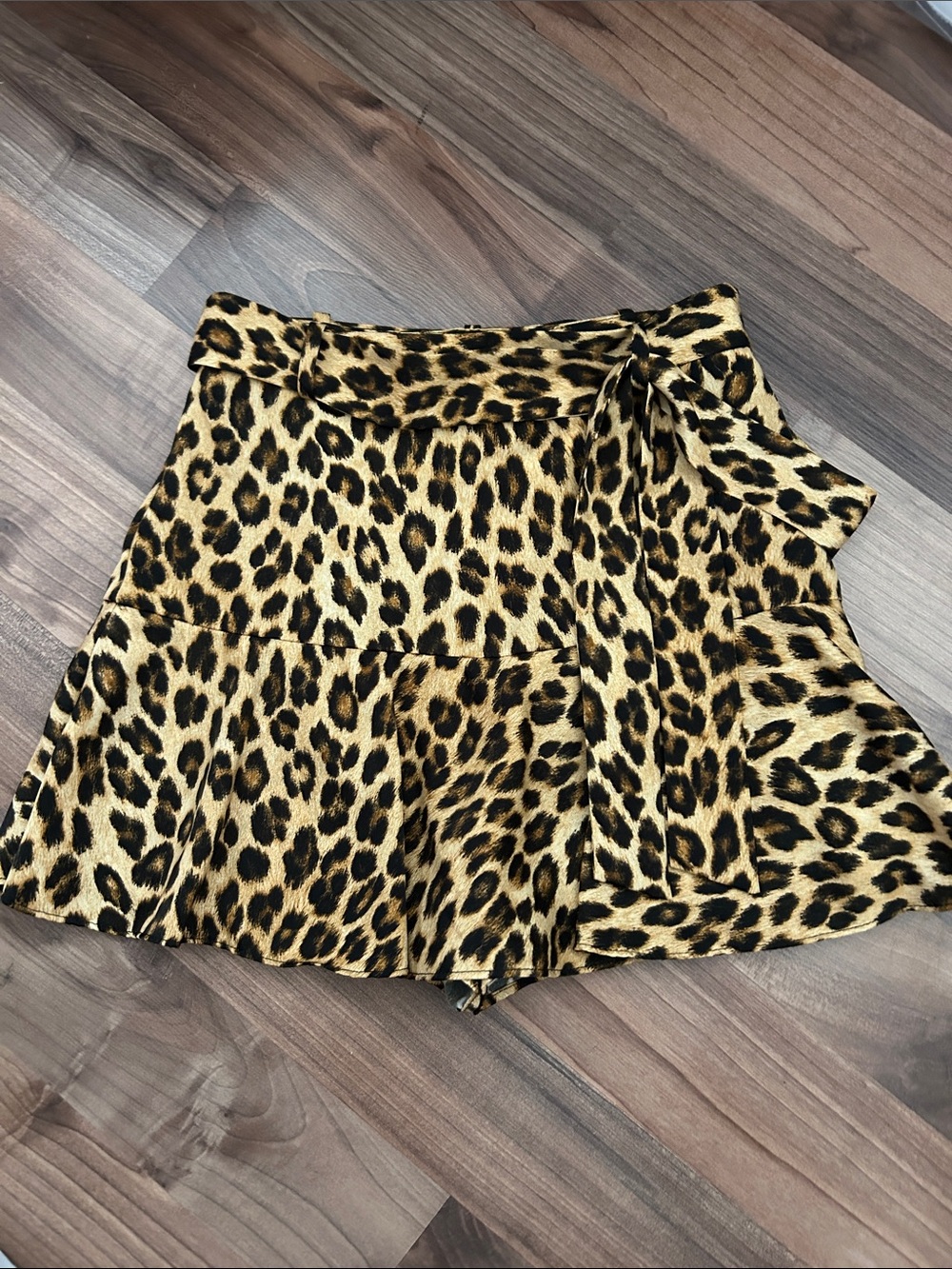 Zara Leopard Print Flounce Mini Skort with Side Tie - Brown/Black
